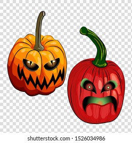 Vector cartoon image of halloween pumpkins. Orange pumpkins with scary faces.