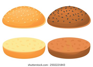 Imagen de dibujos animados de Vector de un bollo de hamburguesa. Comida rápida y concepto de comida sabrosa. Elementos para su diseño. Anuncio para un Sitio web, volantes, etc.