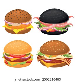 Vector cartoon image of a hamburger with ingredients. Fast food and tasty food concept. Elements for your design. Banner for a website, leaflets, etc.