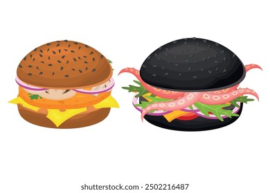 Vector cartoon image of a hamburger with ingredients. Fast food and tasty food concept. Elements for your design. Banner for a website, leaflets, etc.