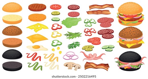 Vector cartoon image of a hamburger with ingredients. Fast food and tasty food concept. Elements for your design. Banner for a website, leaflets, etc.