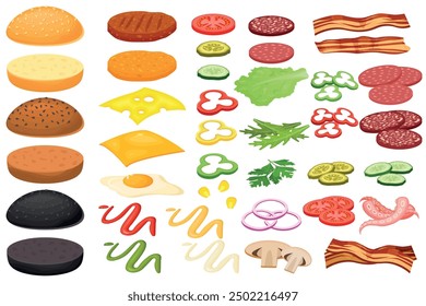 Vector cartoon image of a hamburger with ingredients. Fast food and tasty food concept. Elements for your design. Banner for a website, leaflets, etc.