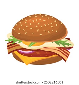 Vector cartoon image of a hamburger with ingredients. Fast food and tasty food concept. Elements for your design. Banner for a website, leaflets, etc.