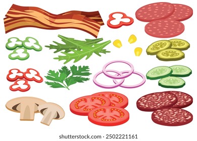 Vector cartoon image of hamburger ingredients. Fast food and tasty food concept. Elements for your design. Banner for website, leaflets, etc.