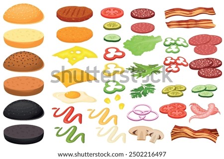 Vector cartoon image of a hamburger with ingredients. Fast food and tasty food concept. Elements for your design. Banner for a website, leaflets, etc.
