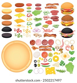 Vector cartoon image of hamburger and pizza with ingredients. Fast food and tasty food concept. Elements for your design. Banner for website, leaflets, etc.