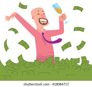 Vector cartoon image of a happy bald man with beard in a pink shirt with a champagne in hand bathing in the sea of green banknotes on a white background. Bathing in money. Vector business illustration