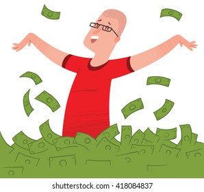 Vector cartoon image of a happy bald man wearing glasses in a red t-shirt bathing in the sea of green banknotes on a white background. Bathing in money. Vector business illustration.