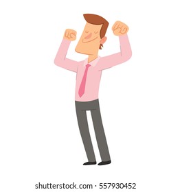Vector cartoon image of a happy man with brown hair in gray trousers, a light pink shirt and a pink tie, standing and smiling on a white background. Happy people. Vector illustration.