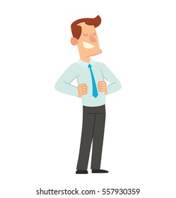 Vector cartoon image of a happy young man with brown hair in black trousers, a light blue shirt and blue tie, standing and smiling on a white background. Happy people. Vector illustration.