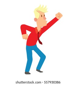 Vector cartoon image of a happy young man with blond hair in blue pants, a red shirt and a dark red tie, standing and rejoicing on a white background. Happy people. Vector illustration.