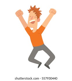 Vector cartoon image of a happy young man with curly brown hair in gray pants and orange T-shirt, jumping and smiling on a white background. Happy people. Vector illustration.