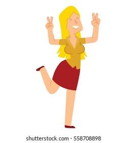Vector cartoon image of a happy young woman with long yellow hair in a dark red skirt and a yellow blouse, standing and smiling on a white background. Happy people. Vector illustration.