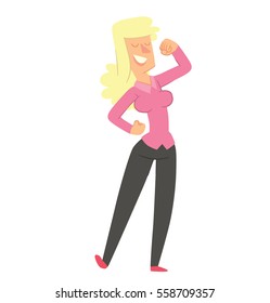 Vector cartoon image of a happy young woman with long blond hair in black trousers and a pink blouse, standing and smiling on a white background. Happy people. Vector illustration.