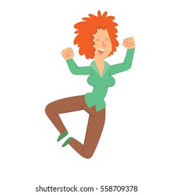 Vector cartoon image of a happy young woman with curly ginger hair in brown pants and a green blouse, jumping and smiling on a white background. Happy people. Vector illustration.