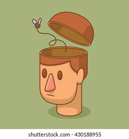 Vector cartoon image of the head of a man with brown hair and with an open braincase from which flying out a fly on a green background. Empty head. Vector illustration.