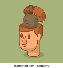 Vector cartoon image of the head of a man with brown hair and with an open braincase from which appears the gray bag with money on a green background. Business, success. Vector illustration.