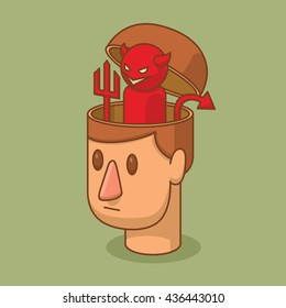 Vector cartoon image of the head of man with brown hair and with an open braincase from which appears a little red devil on a green background. Negative person, faith. Vector illustration.