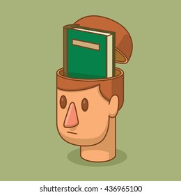Vector cartoon image of the head of man with brown hair and with an open braincase from which appears a green book on a green background. Knowledge, education. Vector illustration.