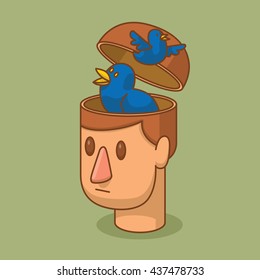 Vector cartoon image of the head of man with brown hair and with an open braincase from which appears two blue birds on a green background. Communication, chatter. Vector illustration.