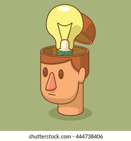 Vector cartoon image of the head of man with brown hair and with an open braincase from which appears a yellow light bulb on a green background. Idea, thinking. Vector illustration.