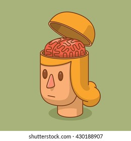 Vector cartoon image of the head of a woman with blond hair and with an open braincase from which appears the pink brain on a green background. Anatomy. Vector illustration.