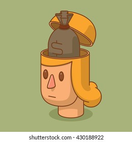 Vector cartoon image of the head of a woman with blond hair and with an open braincase from which appears the gray bag with money on a green background. Business, success. Vector illustration.