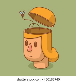 Vector cartoon image of the head of a woman with blond hair and with an open braincase from which flying out a fly on a green background. Empty head. Vector illustration.