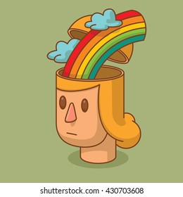 Vector cartoon image of the head of a woman with blond hair and with an open braincase from which appears the rainbow and clouds on a green background. Love, feelings. Vector illustration.