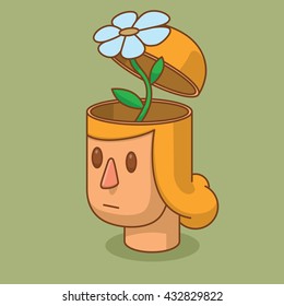 Vector cartoon image of the head of a woman with blond hair and with an open braincase from which appears a white flower on a green stem on a green background. Love, feelings. Vector illustration.