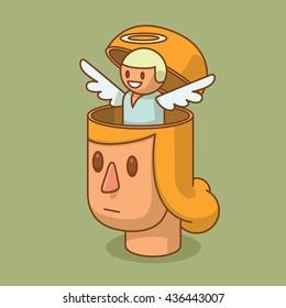 Vector cartoon image of the head of woman with blond hair and with an open braincase from which appears a little angel with white wings on a green background. Positive man, faith. Vector illustration.