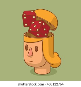 Vector cartoon image of the head of woman with blond hair and with an open braincase from which appears a pair of red dice on a green background. Excitement, casino. Vector illustration.