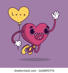 Vector, cartoon image. Heart, healthy heart, organ. Character of heart for the holiday, February 14, Valentine's Day. Character with legs and hands and balls in hands, in love.