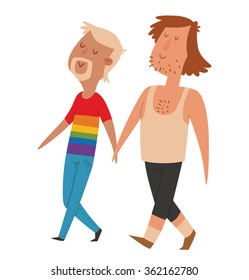 Vector cartoon image of homosexual couple - two men: with blonde hair in rainbow sweater, blue jeans and with brown hair in black shorts, white tank top on  white background. Gays. Vector illustration