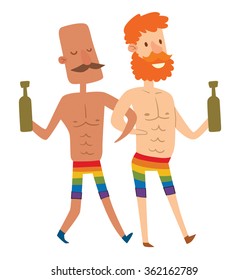 Vector cartoon image of a homosexual couple - two men in rainbow shorts walking under the handle: bald and with red hair, with bottles of beer in hands on white background. Gays. Vector illustration.