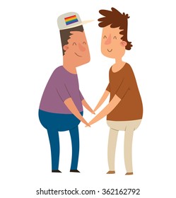 Vector cartoon image of a homosexual couple - two men holding hands: with black hair in blue trousers, purple shirt, rainbow cap, with brown hair in white pants, brown shirt on  white background. Gays