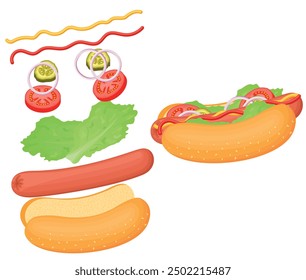 Vector cartoon image of hot dog. Fast food and tasty food concept. Elements for your design. Banner for website, leaflets, etc.