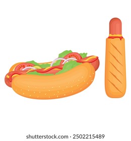 Vector cartoon image of hot dog. Fast food and tasty food concept. Elements for your design. Banner for website, leaflets, etc.