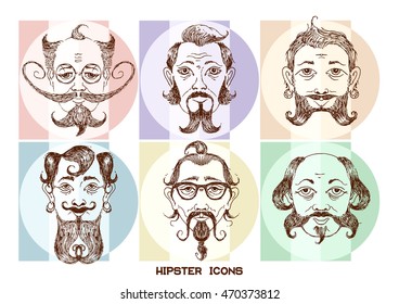 Vector cartoon image icons set of the human head on the hipster fashion painted by hand. Styling and creative style exaggeration