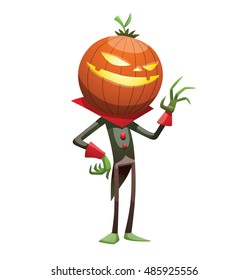 Vector cartoon image of Jack O' Lantern with orange pumpkin instead of a head, in a green-black tail coat, standing, waving his hand and smiling on a white background. Halloween. Vector illustration.