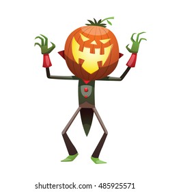 Vector cartoon image of Jack O' Lantern with orange pumpkin instead of a head, in a green-black tail coat, standing and laughing on a white background. Halloween. Vector illustration.