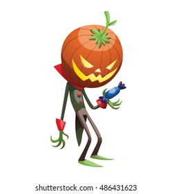 Vector cartoon image of Jack O' Lantern with orange pumpkin instead of a head, in a green-black tail coat, standing with a blue candy in his hand on a white background. Halloween. Vector illustration.