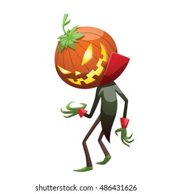 Vector cartoon image of Jack O' Lantern with orange pumpkin instead of a head, in a green-black tail coat, standing and looking back on a white background. Halloween. Vector illustration.