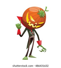 Vector cartoon image of Jack O' Lantern with orange pumpkin instead of a head, in a green-black tail coat, standing and threatening by finger on a white background. Halloween. Vector illustration.