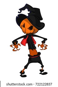 Vector cartoon image of Jack O' Lantern with orange pumpkin instead of a head, in a dark coat and witch hat standing and grinning on a white background. Halloween. Vector illustration.