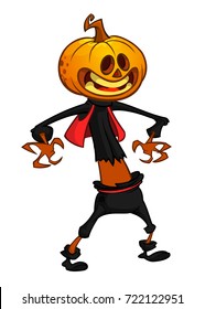 Vector cartoon image of Jack O' Lantern with orange pumpkin instead of a head, in a dark coat and witch hat standing and grinning on a white background. Halloween. Vector illustration.