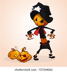 Vector cartoon image of Jack O' Lantern with orange pumpkin head, in a dark coat and witch hat standing white background. Halloween. Vector illustration.