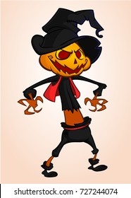Vector cartoon image of Jack O' Lantern with orange pumpkin head, in a dark coat and witch hat standing white background. Halloween. Vector illustration. 