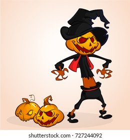 Vector cartoon image of Jack O' Lantern with orange pumpkin head, in a dark coat and witch hat standing white background. Halloween. Vector illustration.