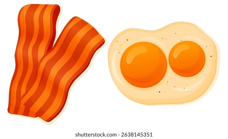 Vector cartoon image of juicy fried eggs and bacon. Element for your design. Food, breakfast and snack concept